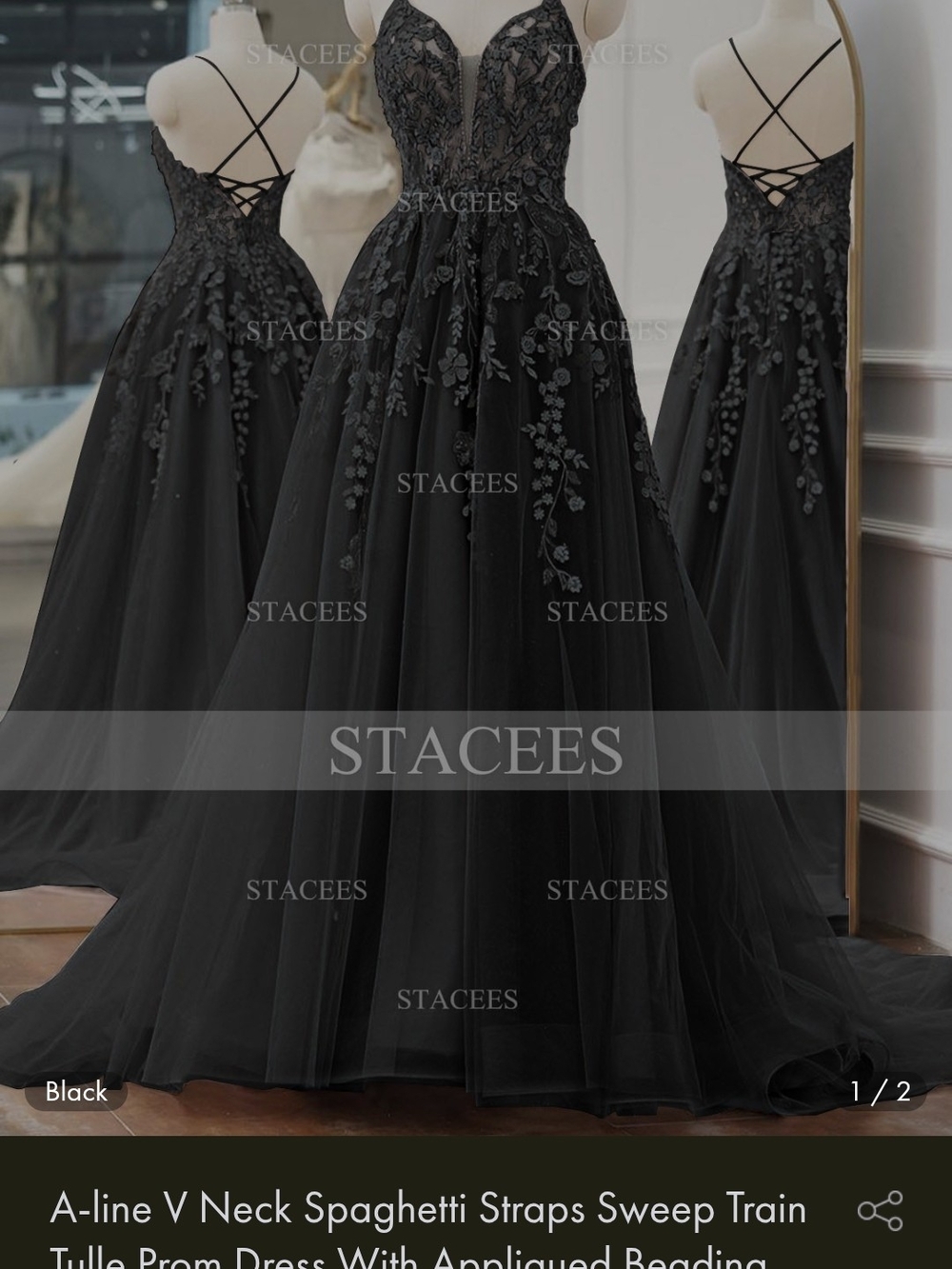 Stacees Black A-Line V-Neck Spaghetti Strap Prom Dress